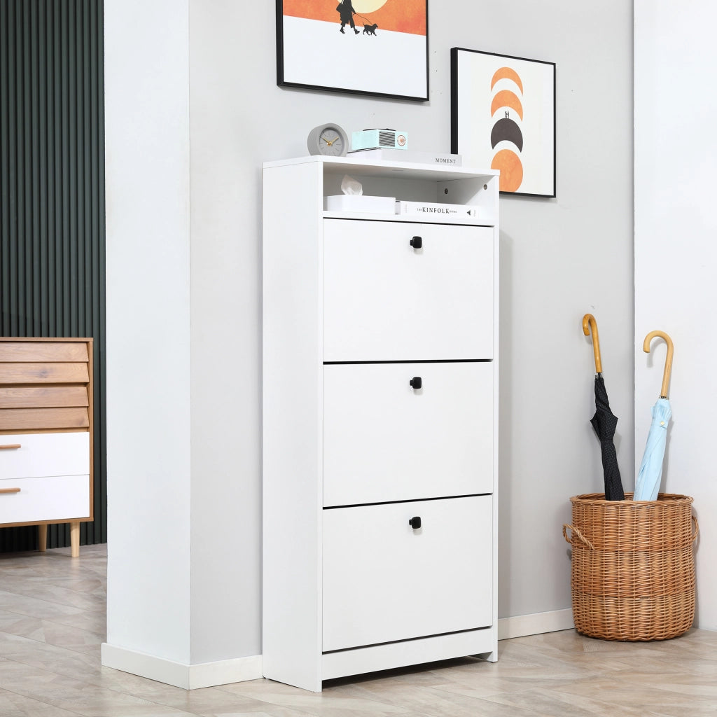 EasyComfort Scarpiera 3 Scompartimenti a Ribalta(18 Paia di Scarpe) e 1 Ripiano Portaoggetti Legno Truciolato Bianco 60×24×132cm