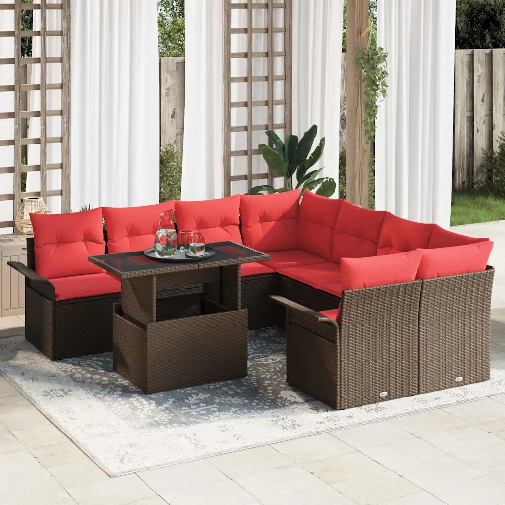 Set Divano da Giardino con cuscino 9 pcs Marrone Poly Rattan
