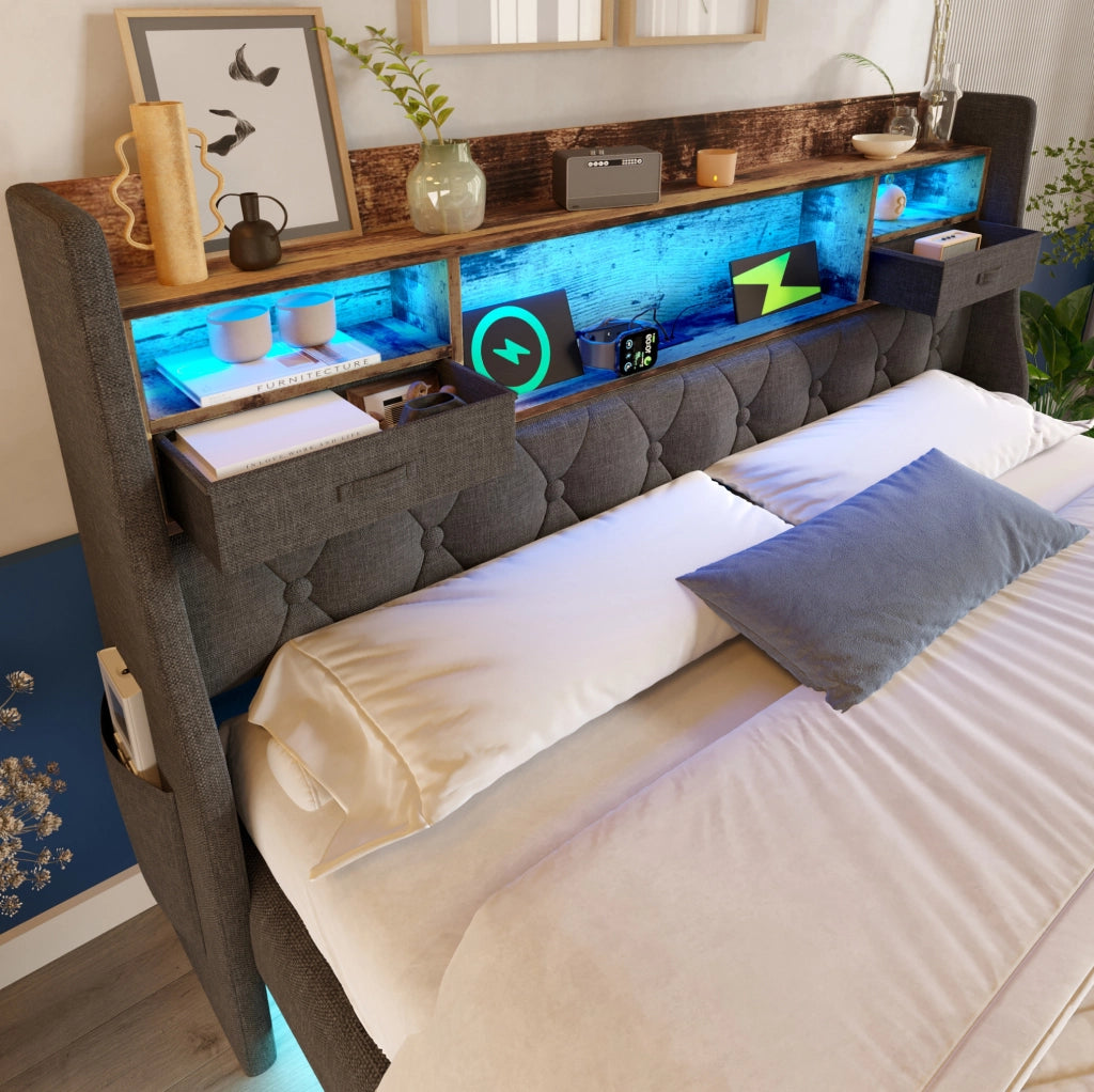 Letto matrimoniale 180x200 cm con LED, USB e vano testata