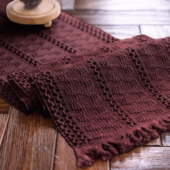 Tavolo da Cucina in Macramè Burgundino con Fili di Cotone, Reclinato con Tessuto a Maglia, con Bottoni, 30x180cm