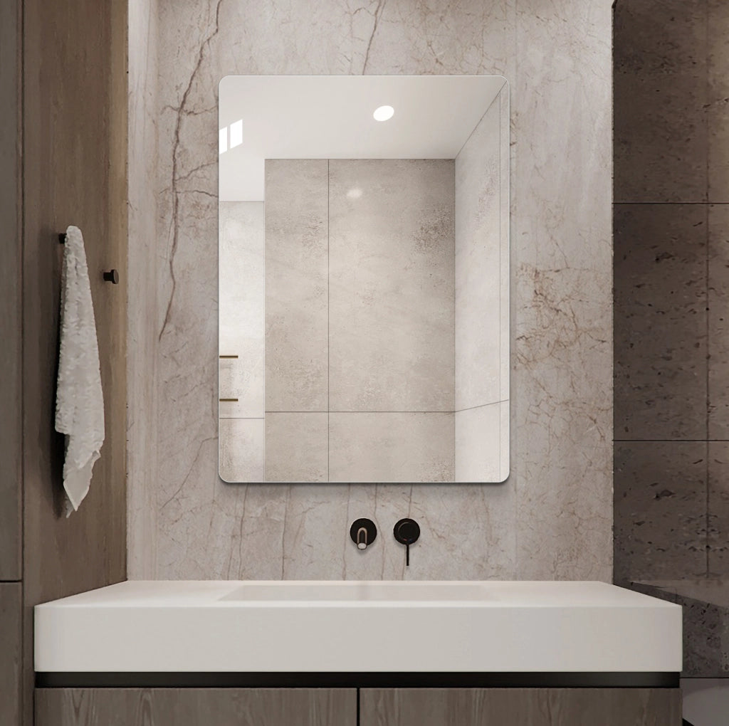 Specchio da bagno 90x70 cm senza cornice con vetro argento HD 5 mm e angoli arrotondati, montaggio orizzontale o verticale