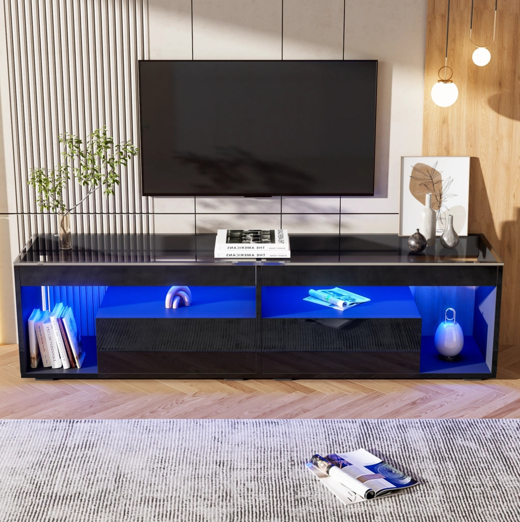 Mobile TV nero lucido con LED, 2 cassetti e piano in vetro temperato