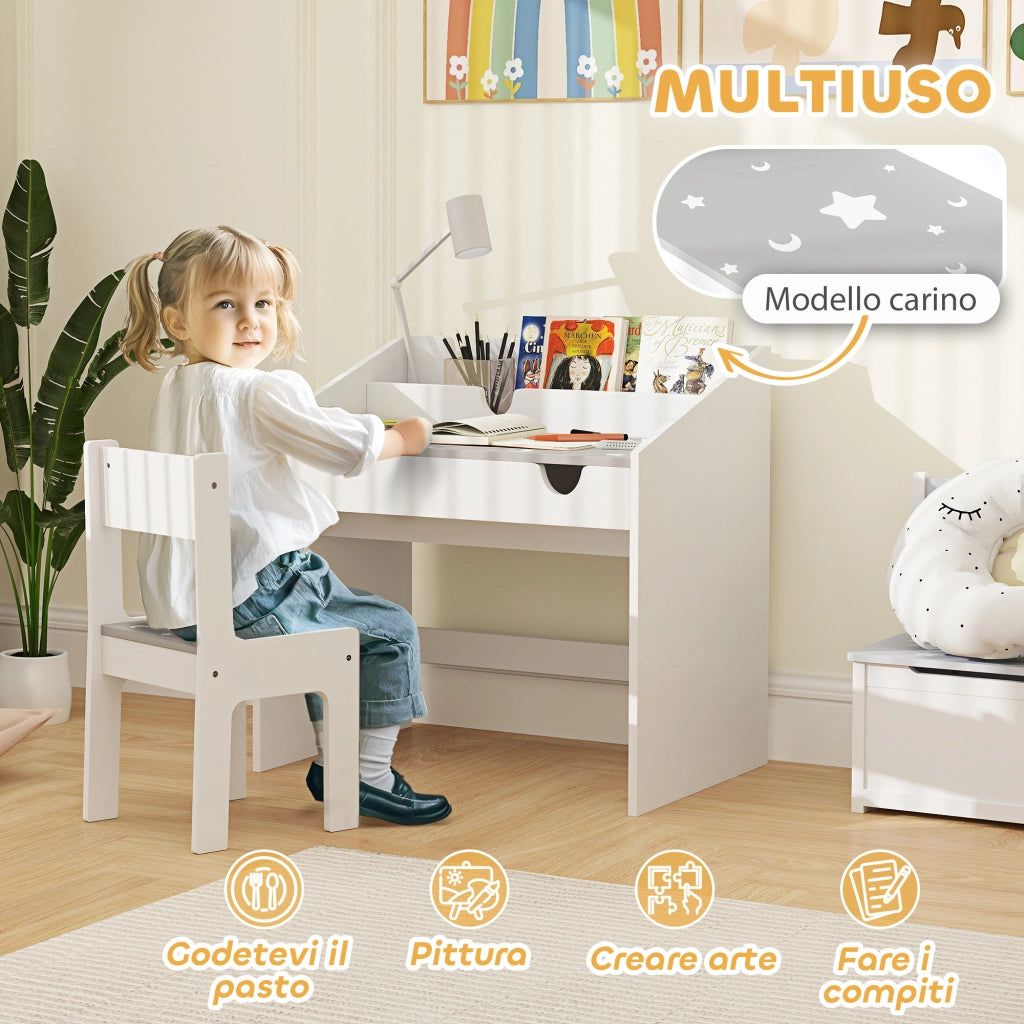 Set Sedia e Tavolino per Bambini 3-6 Anni con Organizzatore e Cassetto Estraibile. in Legno Grigio