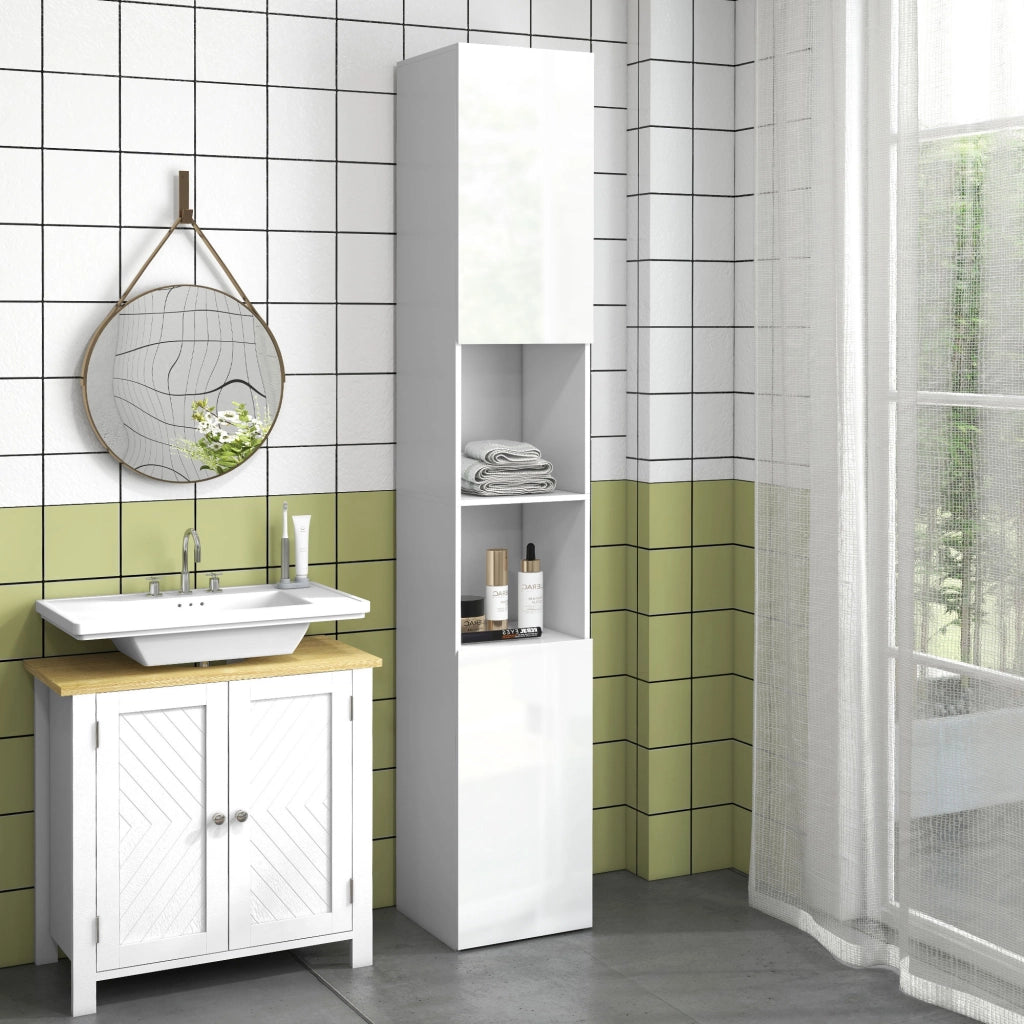 Mobile bagno colonna 2 ante con ripiani regolabili e 2 nicchie ¨C zephmum ¨C 30x30x181,5 cm bianco