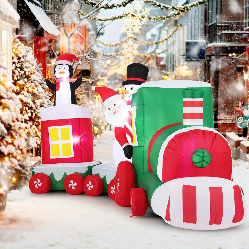Treno di Natale Gonfiabile 350 cm con Pupazzo di Neve e Luci LED | Decorazione Natalizia da Esterno con Babbo Natale alla Guida, Pinguino e Scatola Regalo per Festa, Giardino e Cortile