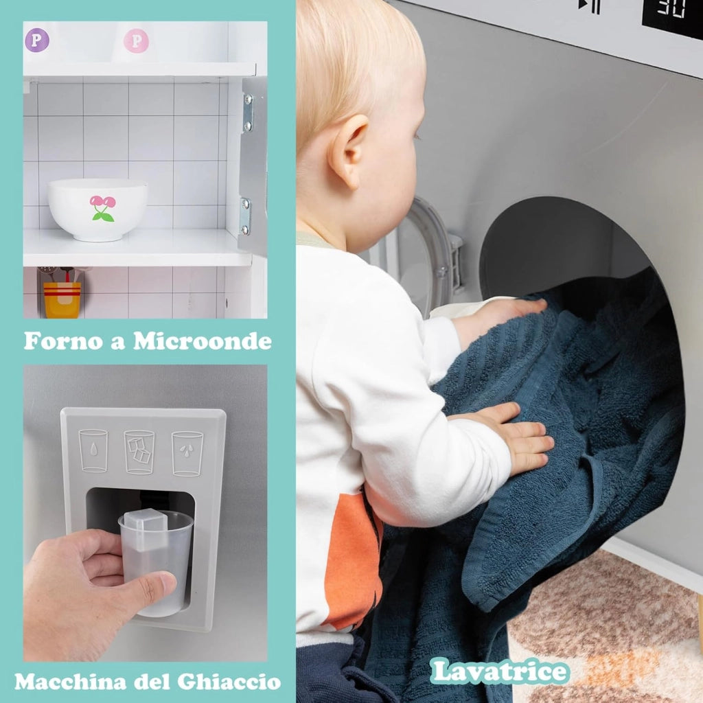 Cucina Giocattolo per Bambini, Cucina per Bambini con Frigorifero, Macchina del Ghiaccio, Lavatrice, Forno, Microonde, Lavello e Rubinetto, Con Luci e Suoni, per Bambini 3+ Anni (Grigio)