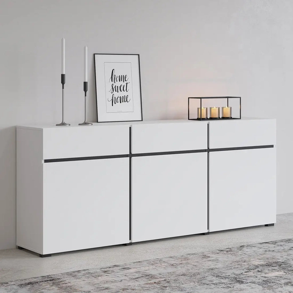 Buffet colori bianco e nero 180cm collezione HAVANA. Credenza di design con 3 porte e 3 cassetti.