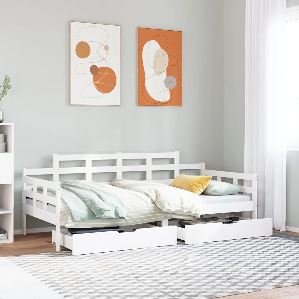 Letto singolo | Letto per adulti | Dormeuse con Cassetti Bianco 90x200 cm Legno Massello di Pino