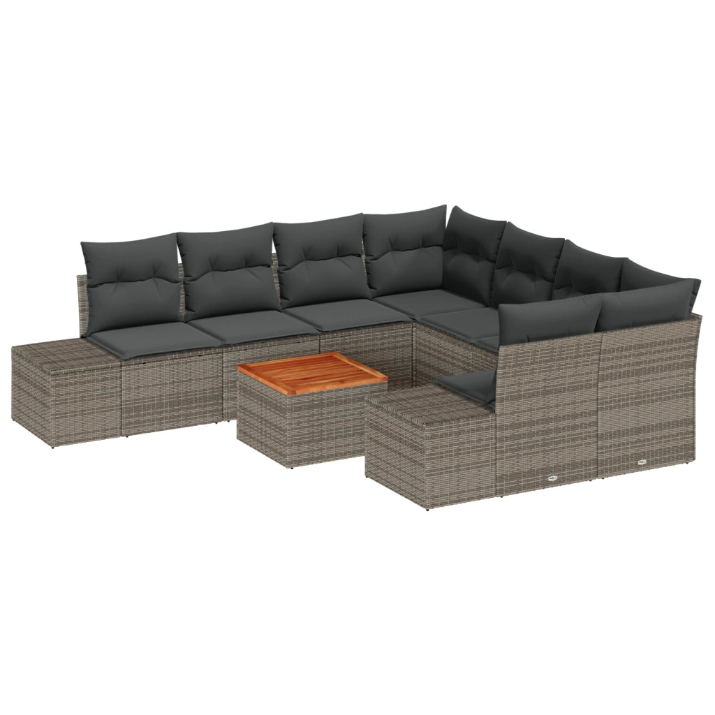 Set di Divani da Giardino da 9 Pezzi con Cuscini Grigio in Polyrattan Acacia