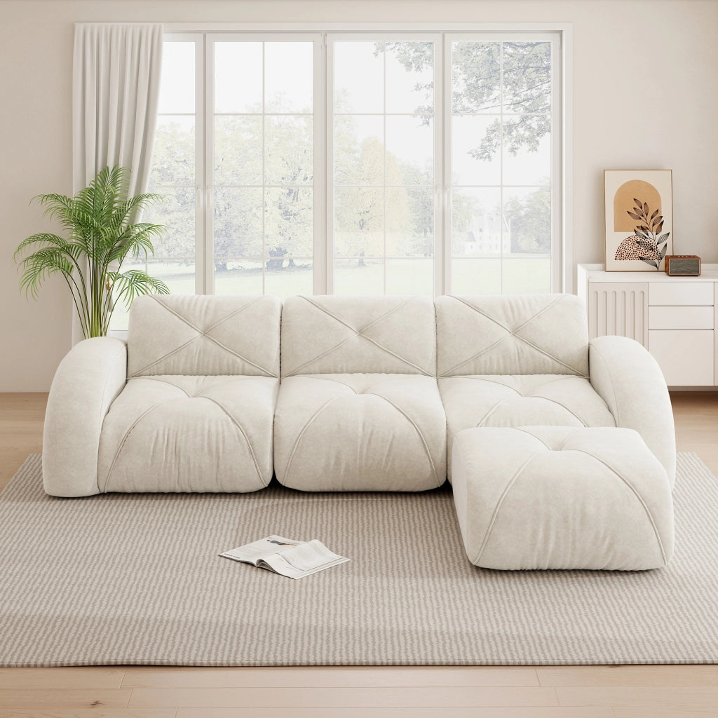 Divano modulare angolare senza montaggio per soggiorno con poggiapiedi in ciniglia beige chiaro 281 × 171 × 76 cm