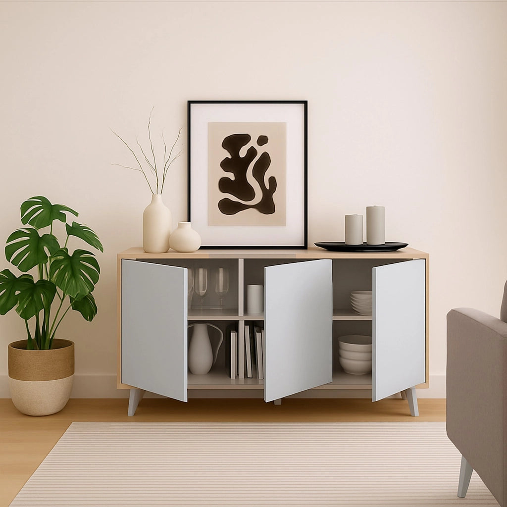 Credenza Annina, Buffet da soggiorno, Madia da salotto, Dispensa da cucina, 154x40h72 cm, Rovere e Bianco