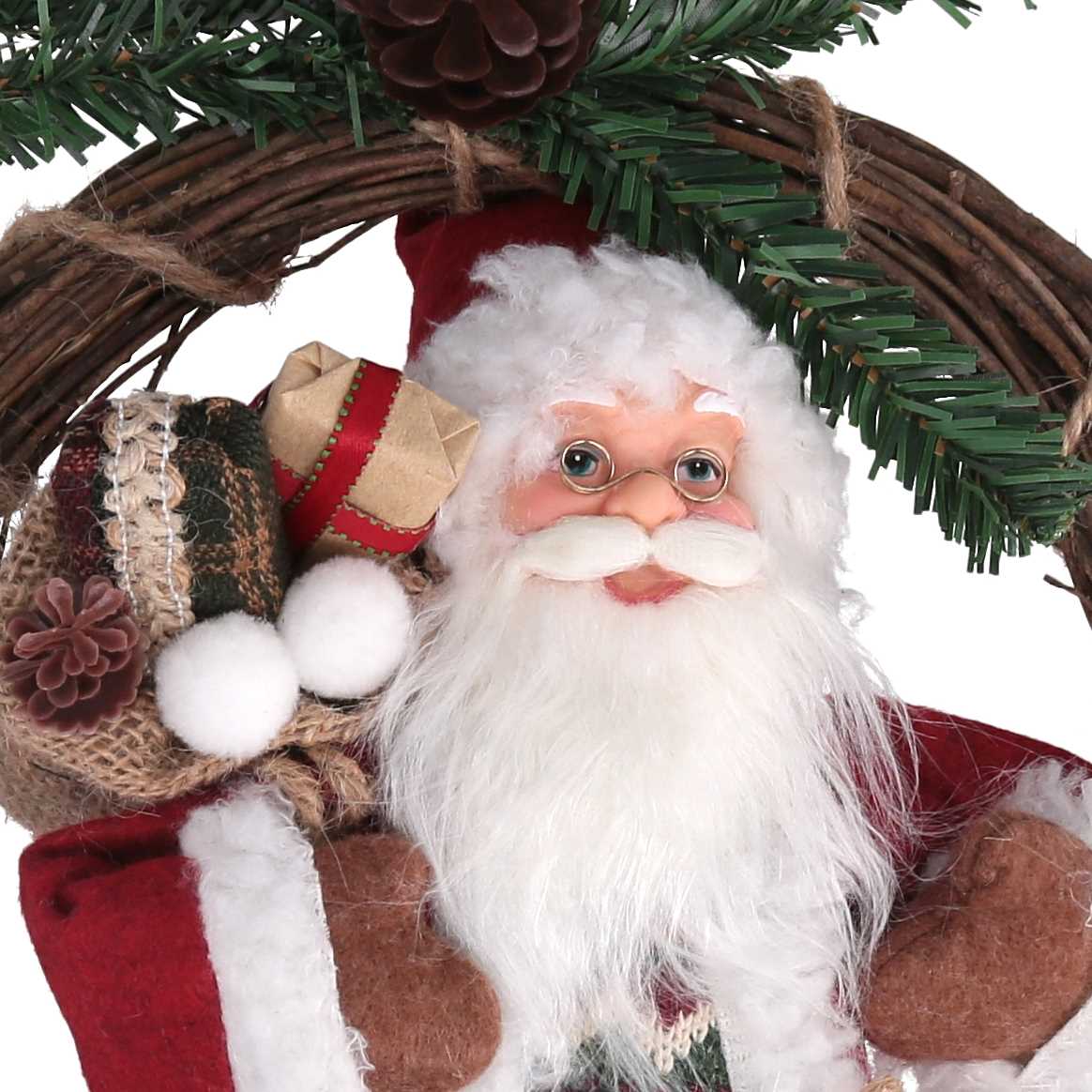 Babbo natale in tessuto su ghirlanda verde e rosso cm xh32/49