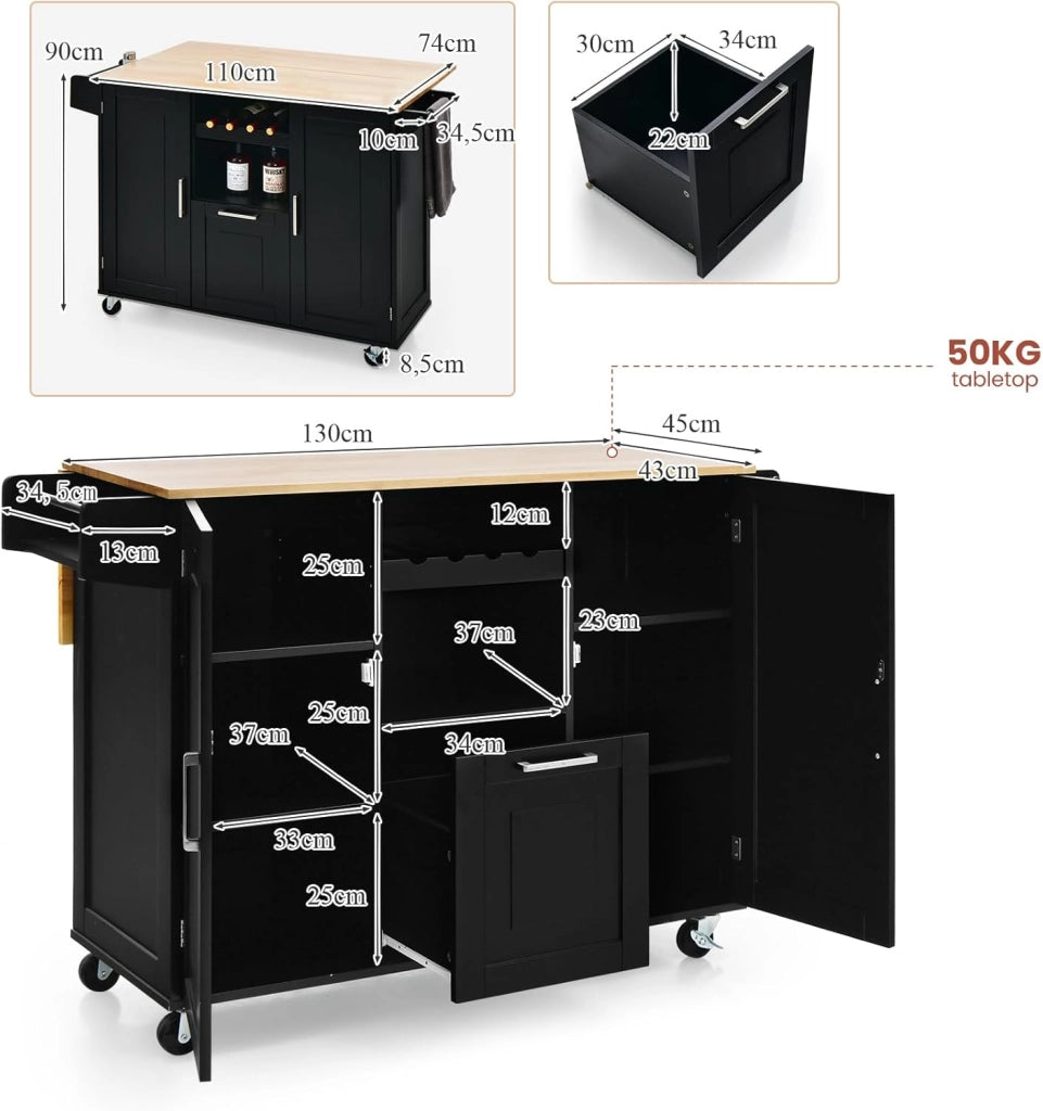 Isola centrale mobile con piano di lavoro in legno di albero della gomma, carrello da cucina con cassetto, porta bottiglia e 2 armadio con porta, carrello su ruote, 130 x 45 x 90 cm (nero)