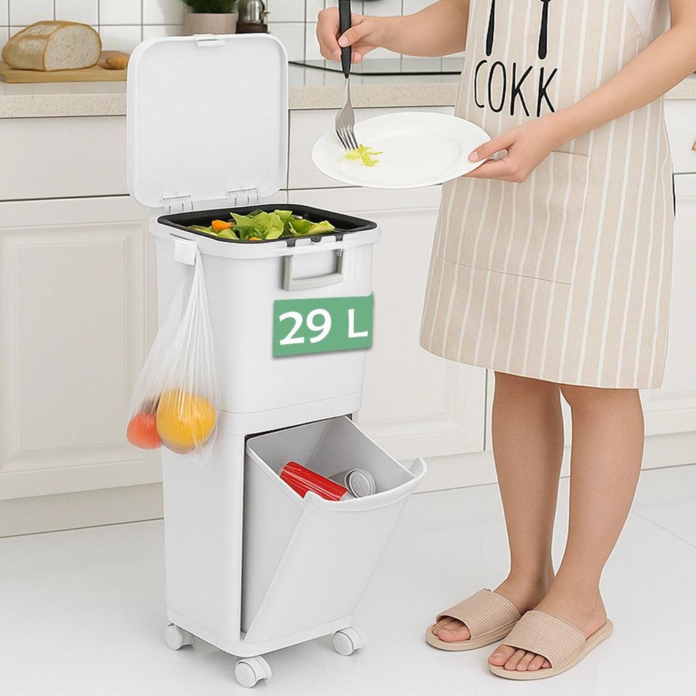 Pattumiera da Cucina per Raccolta Differenziata 2 Scomparti Capacità 29 L con Pedale e Ruote 26x36x76,6 cm in PP Bianco