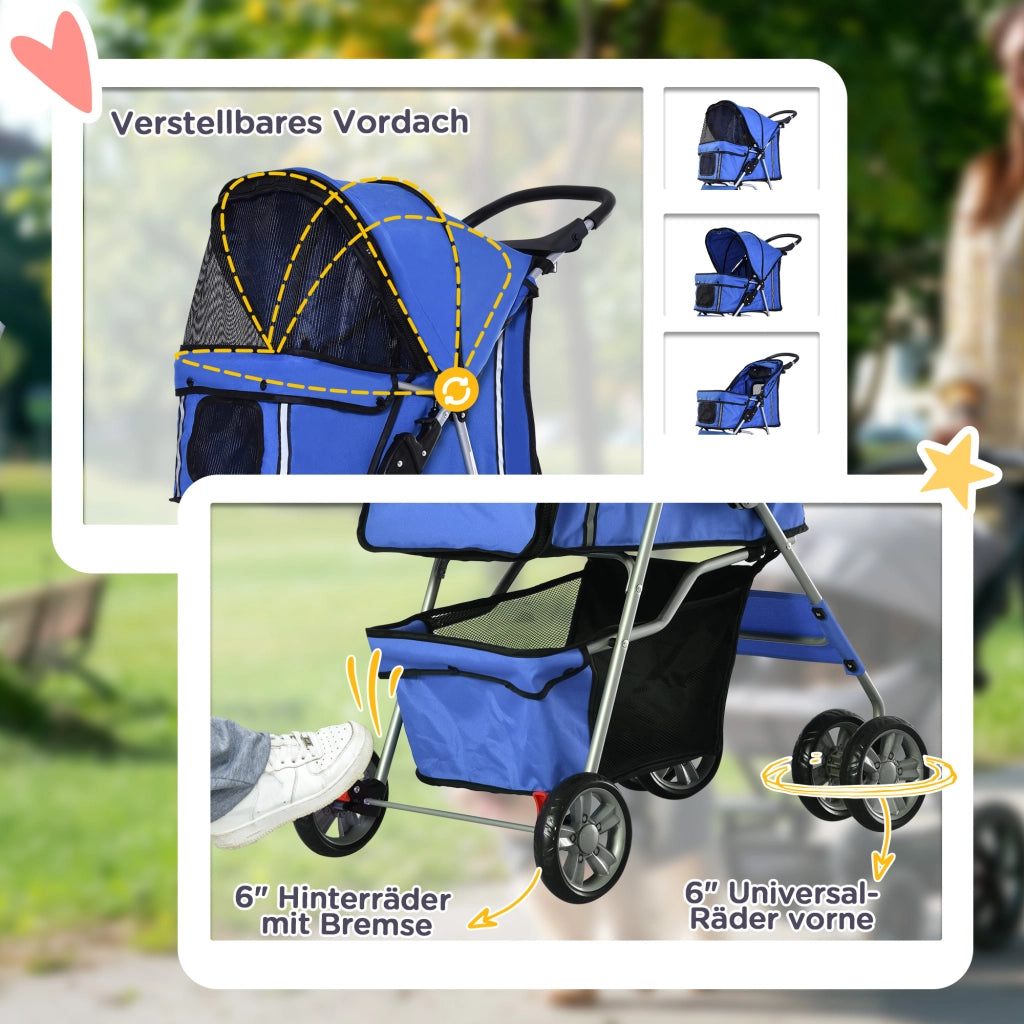 Carrello pieghevole per animali a 2 ripiegamenti con accesso a zip, cestello e 2 portabicchieri in poliestere blu