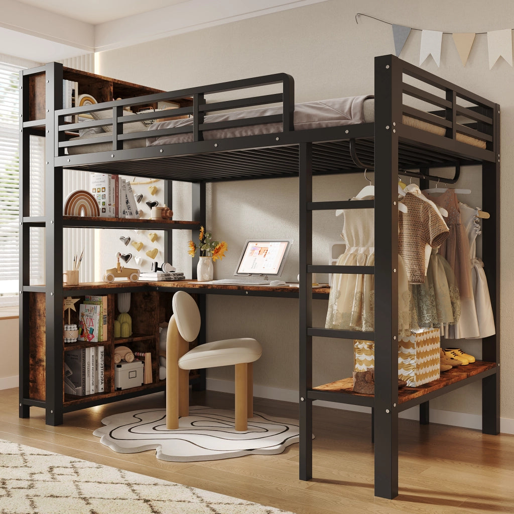 Letto a soppalco 90x200 cm nero con scrivania e ripiani