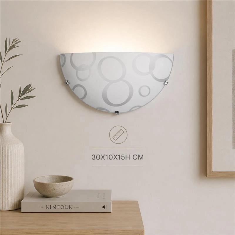APPLIQUE DARIA 1XE27 GANCI CROMO VETRO LASTRA BIANCO DECORATO CERCHI Ø30-H.15-P.10 CM