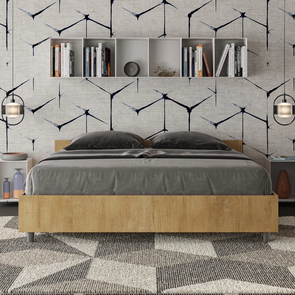 Letto Matrimoniale 160x190 cm con Rete e Contenitore Alzata Comoda Testata Bassa Nuamo Quercia