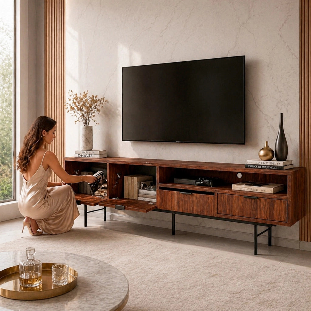 Mobile Porta TV Moderno Per Salotto Zona Living Soggiorno Con 2 Ante A Ribalta 2 Cassetti Vano A Giorno Passacavo Struttura In Melaminico Design Contemporaneo 200 X 40 X 55 Cm Noce