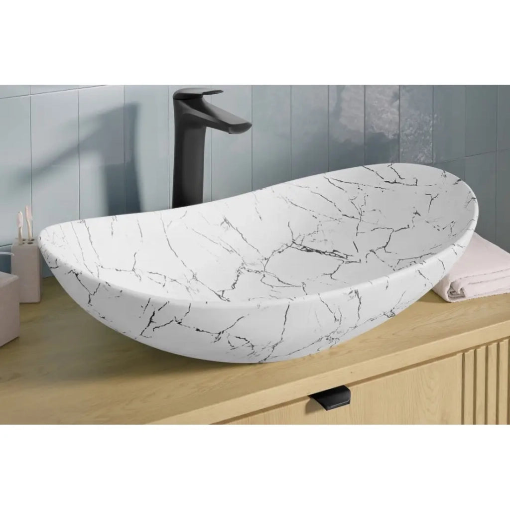 Lavabo ovale da appoggio 61,5x36 cm bianco effetto marmo con piletta click clack