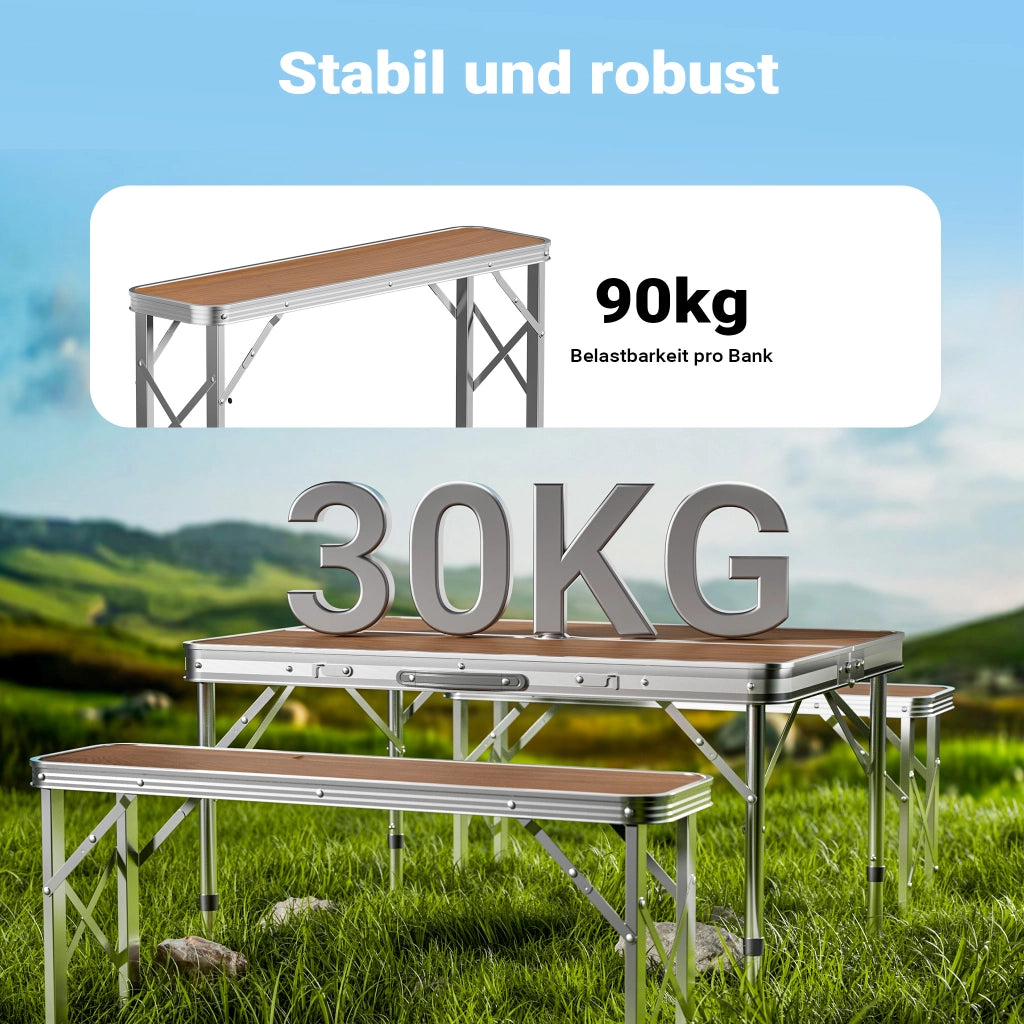 Tavolo pieghevole in alluminio con due panche effetto legno 90x66x70 cm Richiudibile Da campeggio