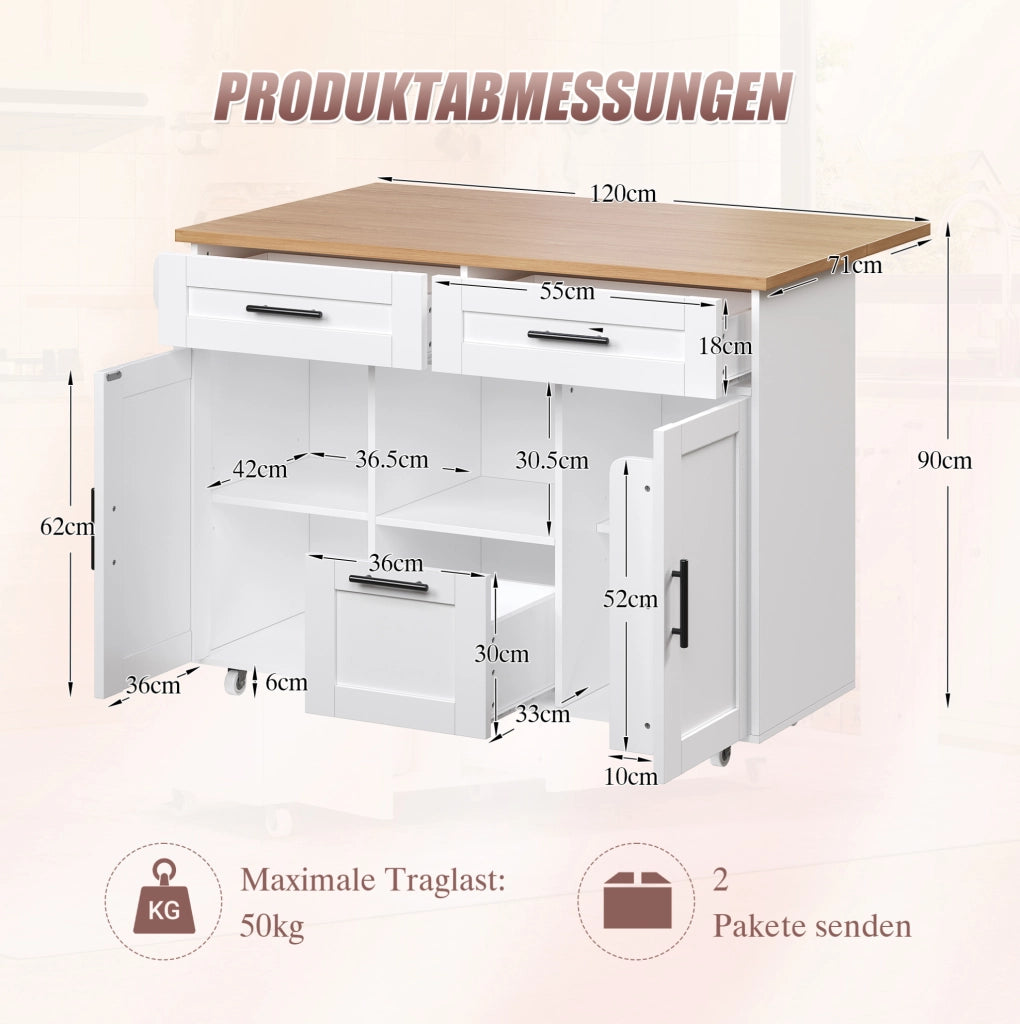Carrello da cucina con ruote girevoli 120x46(71)x90 cm; bianco; in legno ingegnerizzato