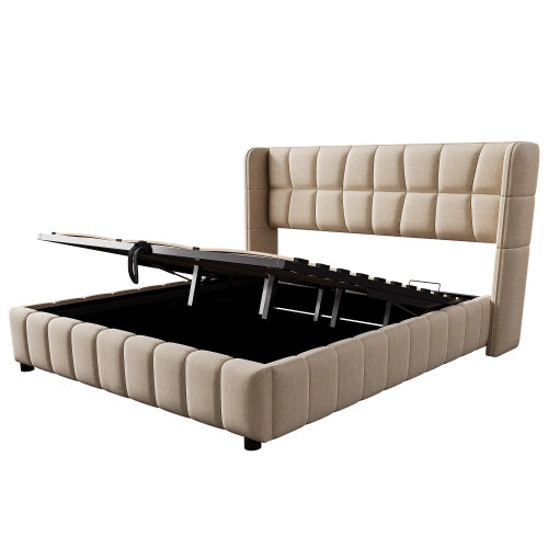Letto matrimoniale in lino beige 180x200 con doghe pneumatico e testiera