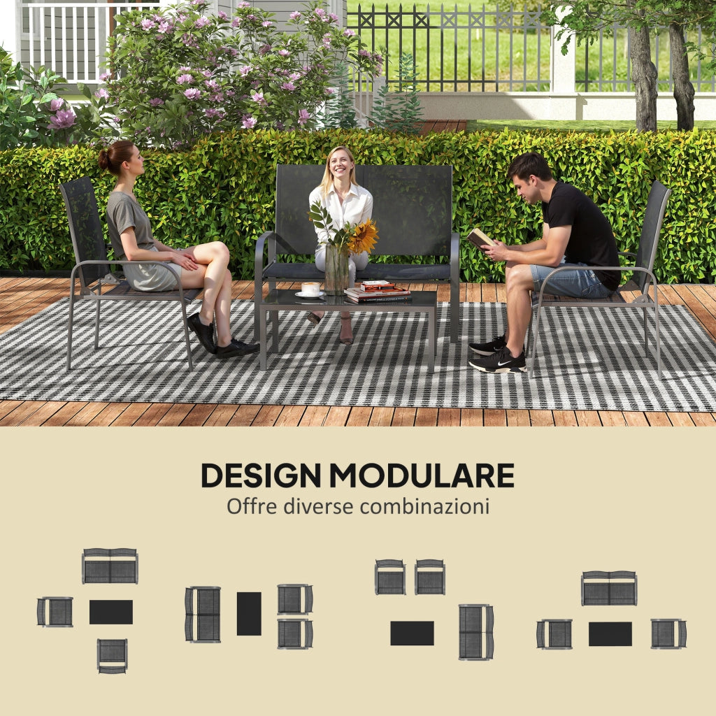 Set da Giardino 4 Pezzi con Divano 2 Sedie e Tavolino Basso con Piano in Vetro Rivestimento in Textilene Nero