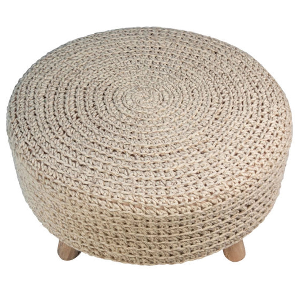 Pouf Sgabello Basso Piedi in Legno Poggiapiedi Tessuto Tortora Diametro 50 cm