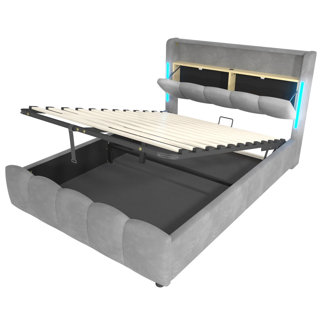 Letto matrimoniale imbottito 140x200 cm in velluto grigio con LED; contenitore e porte USB