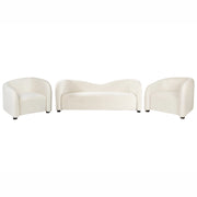 Set da salotto in velluto bianco sporco con divano e poltrone imbottiti davanti e dietro, schienale curvo, design moderno