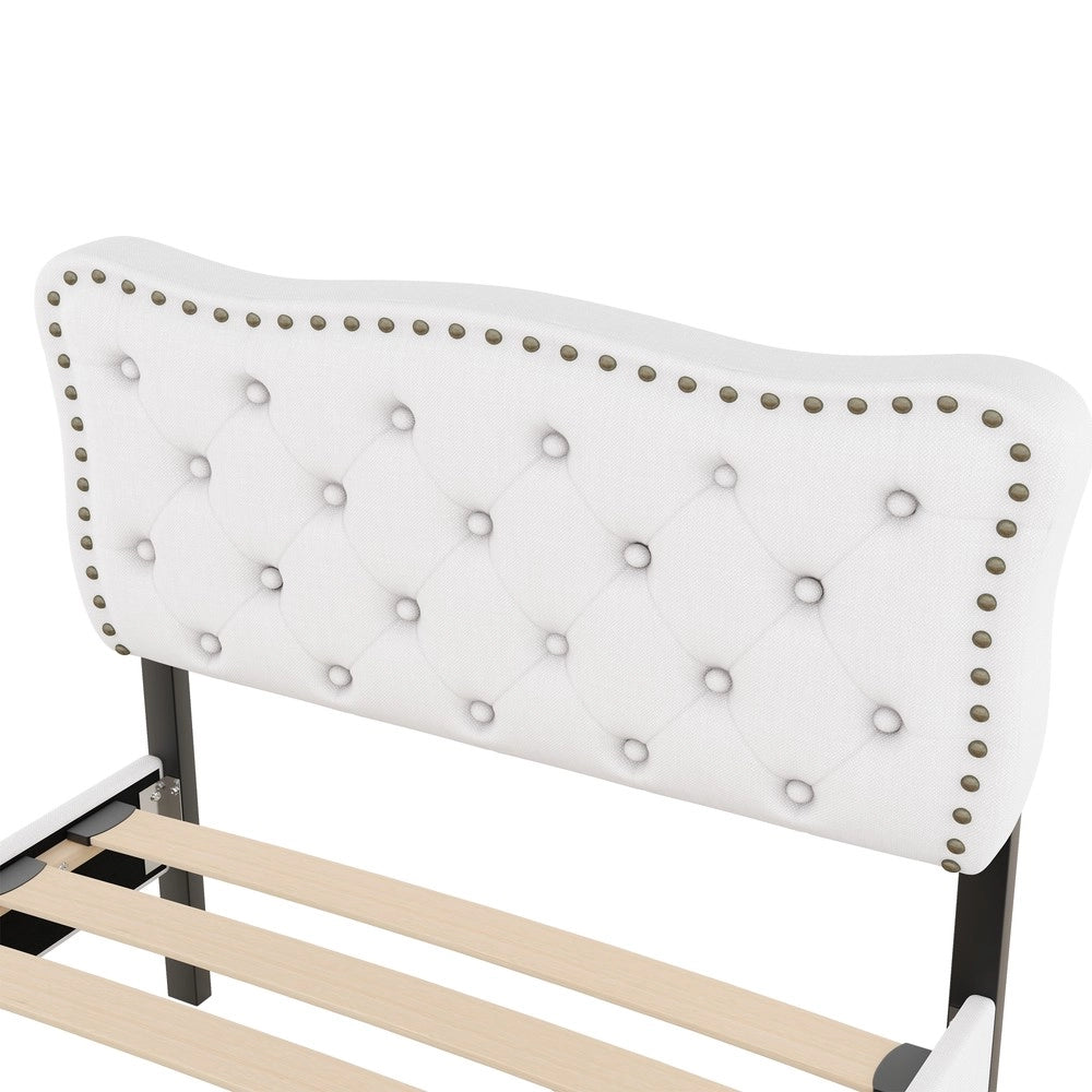 Letto Imbottito con Cassetti 90x200 ¨C MINIMAL ¨C Beige, Testiera con Borchie