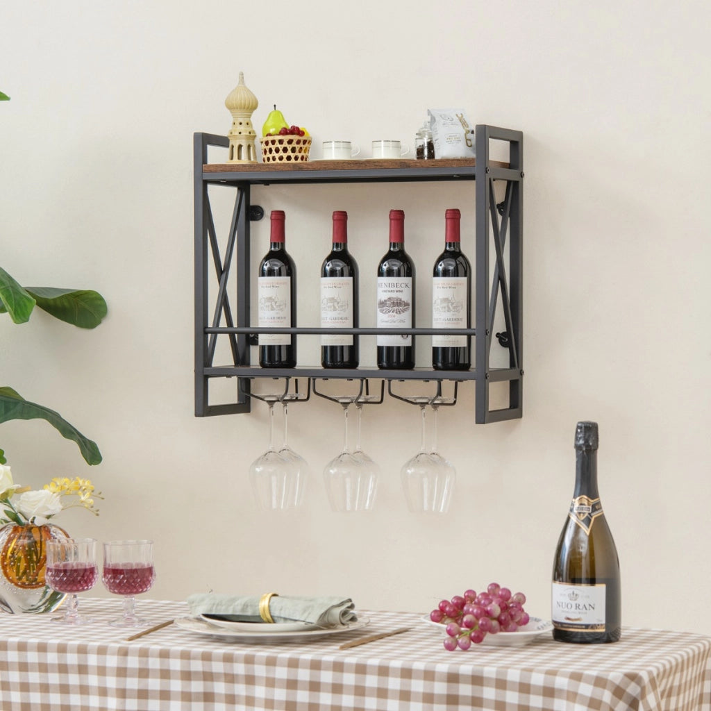 Portabottiglie a 2 livelli da parete industriale-Scaffale di stoccaggio per vino con 3 porta calici Marrone