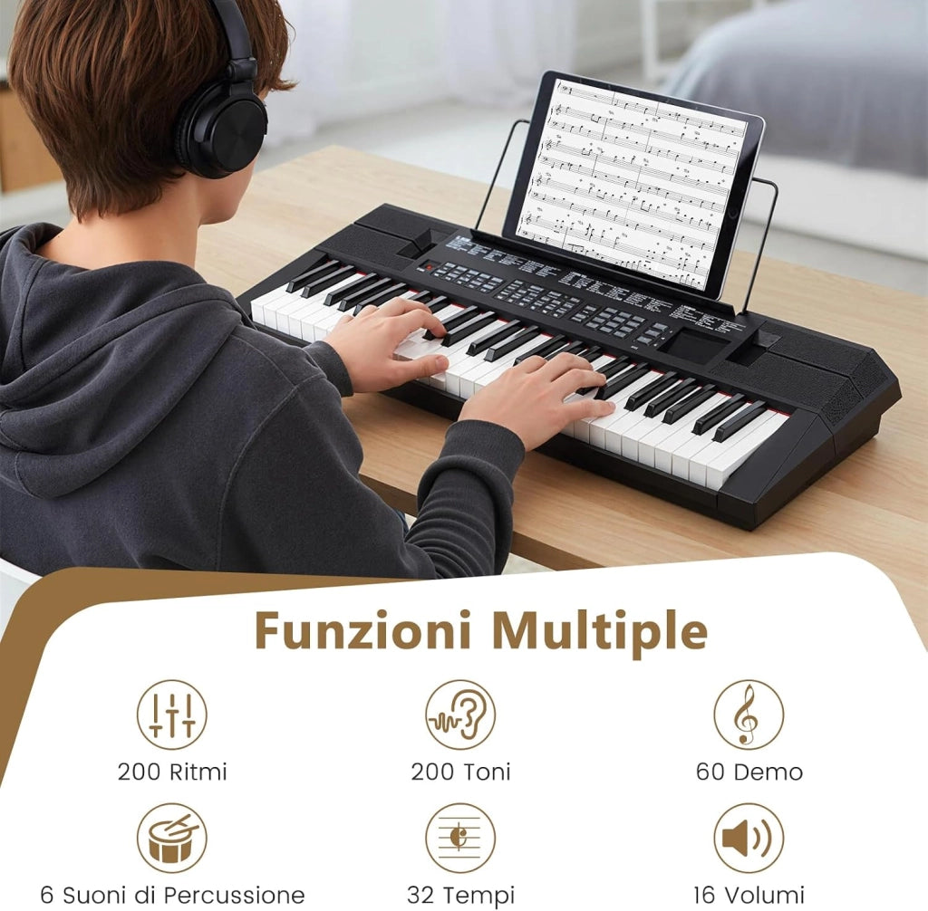 Tastiera Pianoforte a 54 Tasti per Principianti, Pianoforte Digitale con 200 Ritmi e 200 Suoni, 60 Demo, Leggio, Strumento Musicale Educativo per Bambini, Adolescenti e Adulti, Nero