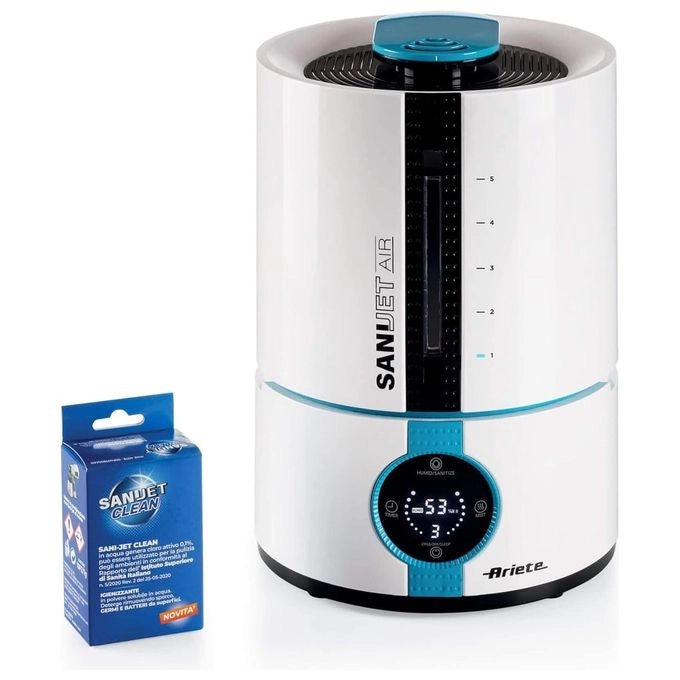 Ariete 2836 Sani-Jet Air, Umidificatore a ultrasuoni con funzione igienizzante, 30 Watt, Capacità Serbatoio 5L, 3 livelli di intensità, Display LED, Bianco/azzurro