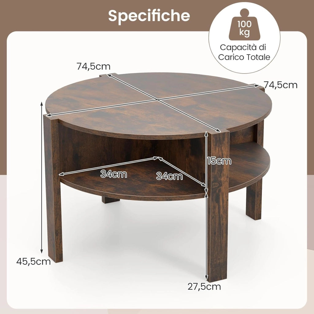 Tavolino da Caffè Rotondo con Ripiano Diviso a 4, Tavolino Basso in Legno Moderno, Tavolo per Salotto, Soggiorno e Cameretta, 74,5 x 74,5 x 45,5 cm (Marrone)
