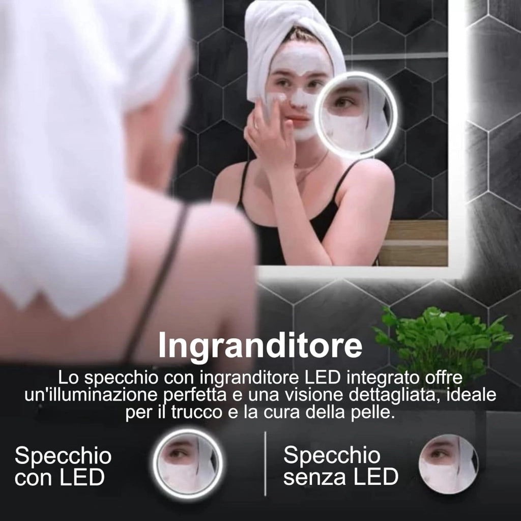 Specchio Rotondo 80 cm GENIUS con Ingranditore Integrato, Specchio Bagno Led Personalizzabile, Led 4000K, Specchiera Bagno Made in Italy