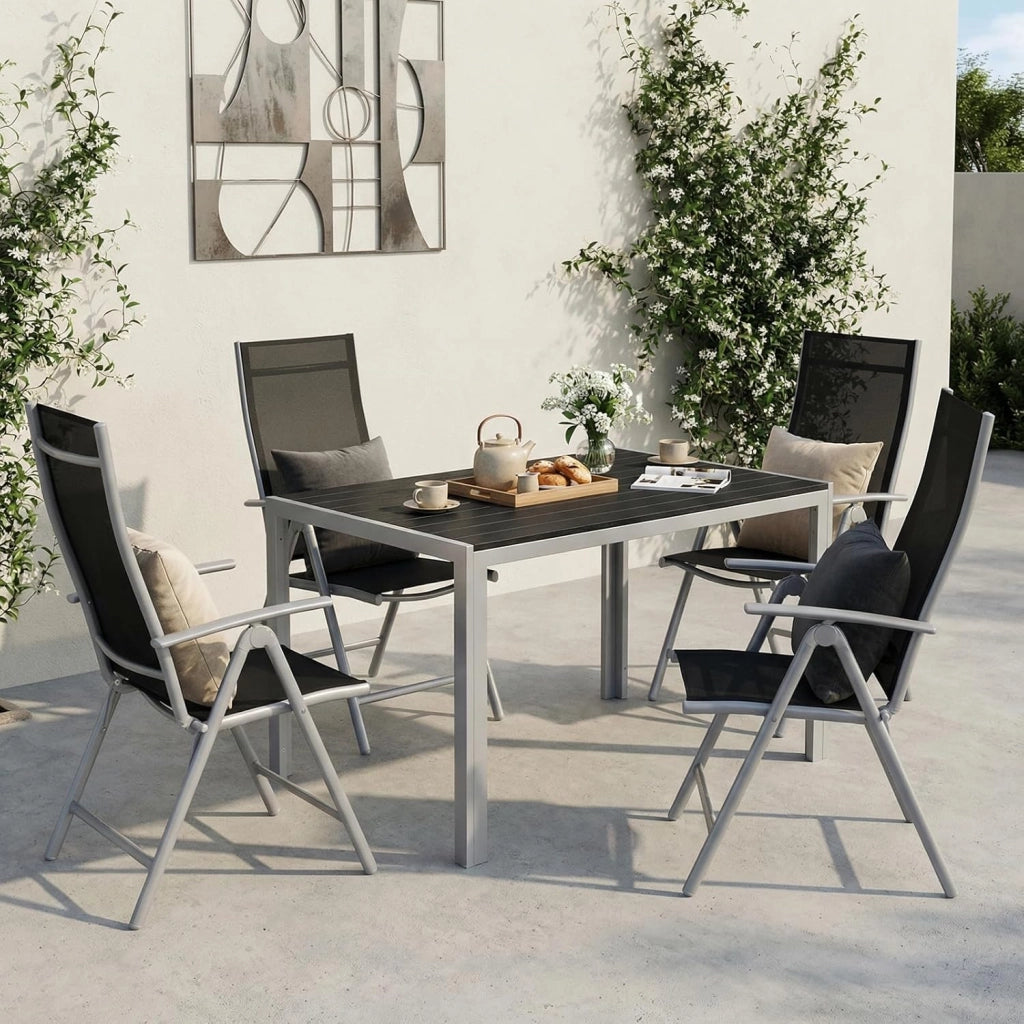 Set di 5 Mobili da Giardino in Alluminio, Tavolo Rettangolare 110x70 cm + 4 Sedie Pieghevoli Regolabili, Resistente alle Intemperie, Arredamento per Terrazza, Balcone e Esterno, Grigio Argento