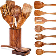 Set di cucchiai in legno, 9 pezzi, cucchiaio in legno con contenitore, manico comodo, rivestimento antiscorrosivo, utensili in legno per cucina - Cucchiaio in legno, spatola in legno, cucchiaio per zuppa (set di 9)