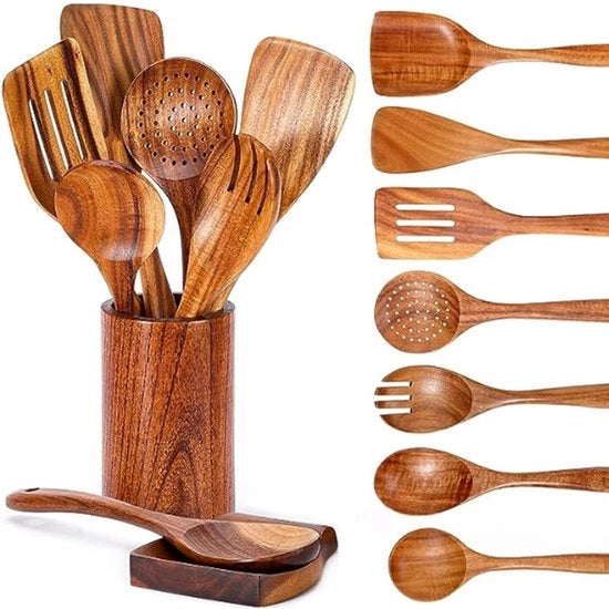 Set di cucchiai in legno, 9 pezzi, cucchiaio in legno con contenitore, manico comodo, rivestimento antiscorrosivo, utensili in legno per cucina - Cucchiaio in legno, spatola in legno, cucchiaio per zuppa (set di 9)