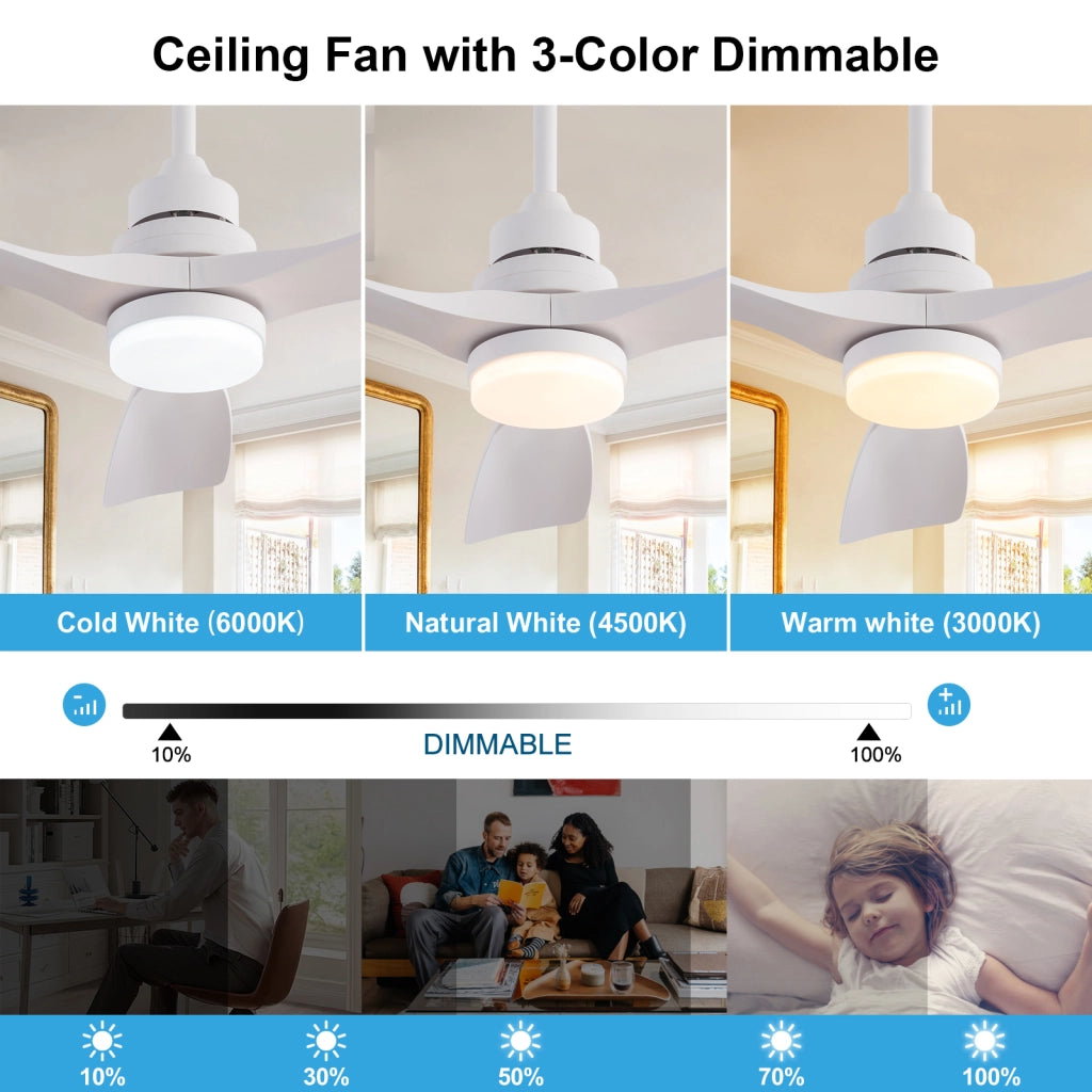 Ventilatore da soffitto bianco moderno 42 pollici con luce e telecomando, bestseller, design elegante, motore DC silenzioso reversibile
