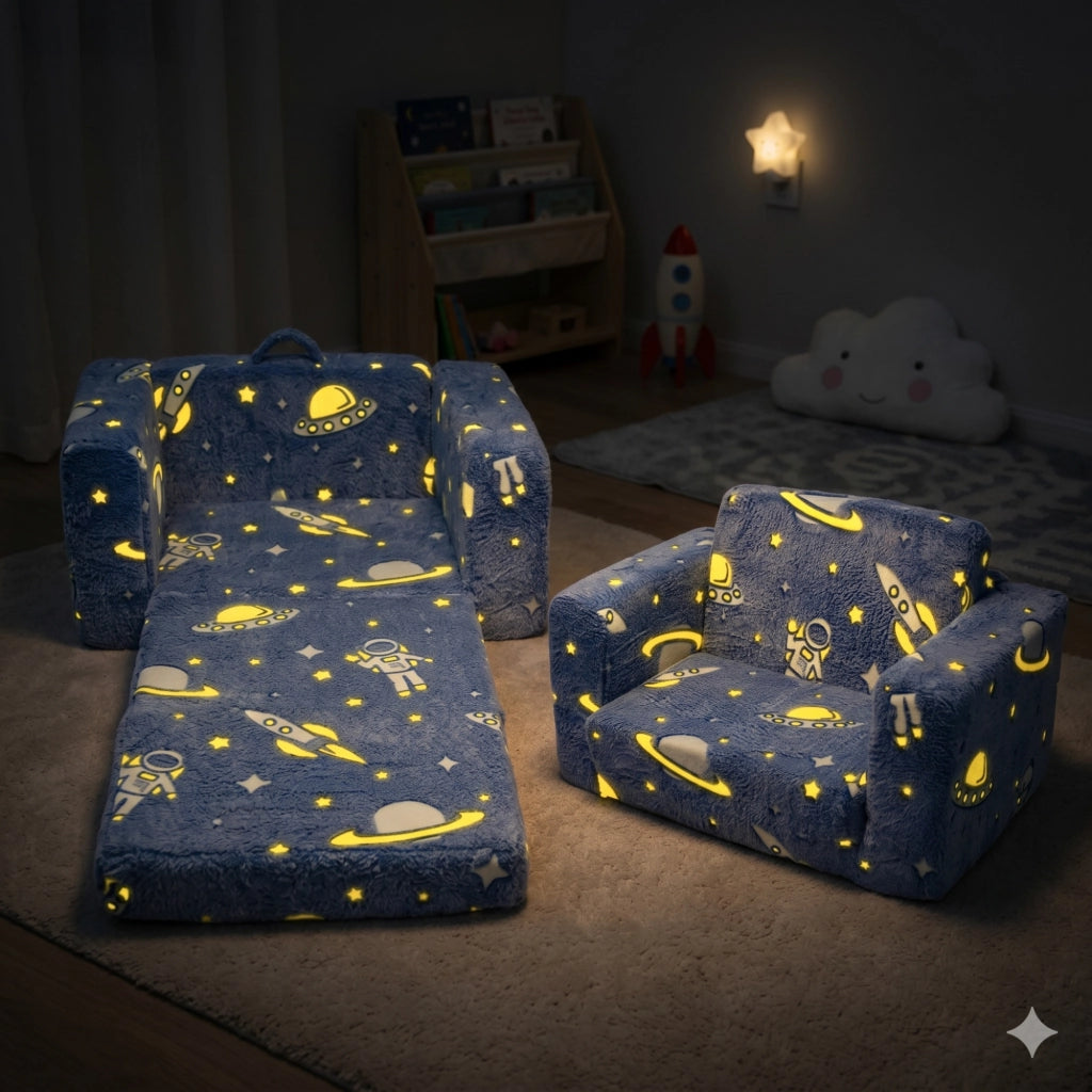 Poltrona pieghevole per bambini con funzione luminosa e motivo astronauta in tessuto e metallo blu verde bianco