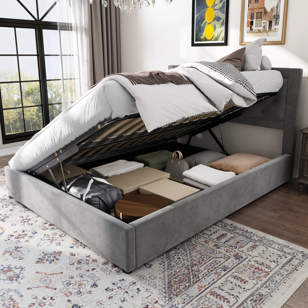 LETTO Contenitore 140x200 cm Grigio in velluto con struttura in acciaio