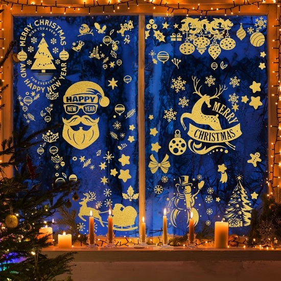 Sticker per finestra di Natale autoadesivo, decorazione per finestre in PVC dorato, decorazioni per Natale invernali, stampe per finestre a forma di fiocchi di neve per DIY per l'occorrenza del Capodanno, tema di Natale per feste