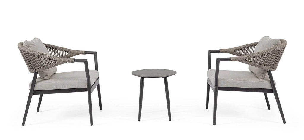 Set 3 Pezzi Salotto da Giardino con 2 Poltrone e Tavolino in Alluminio Corda Poliestere e Pietra Sinterizzata Millor
