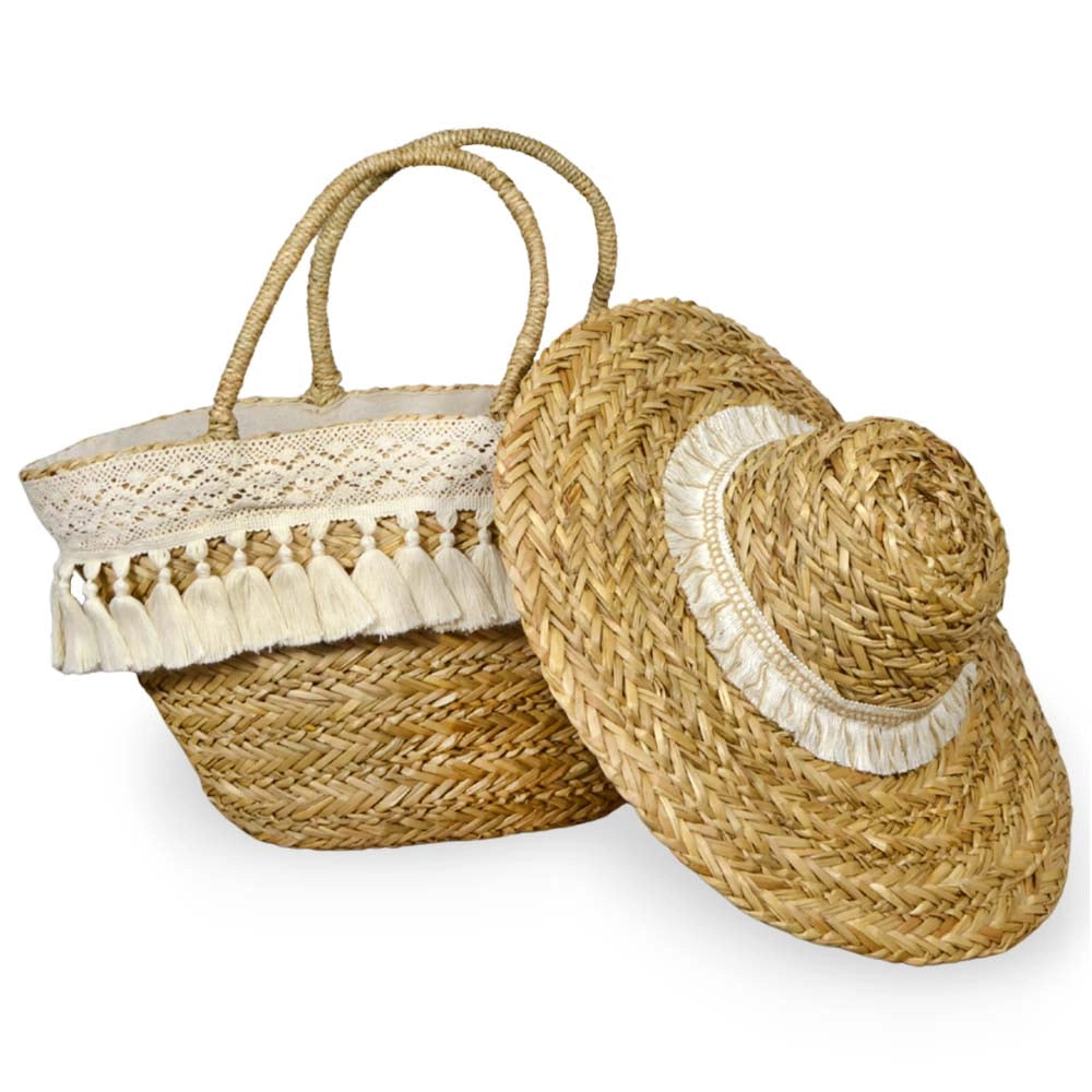 Borsa con Cappello Mare in omaggio in Paglia Intrecciata con Nappe in Cotone