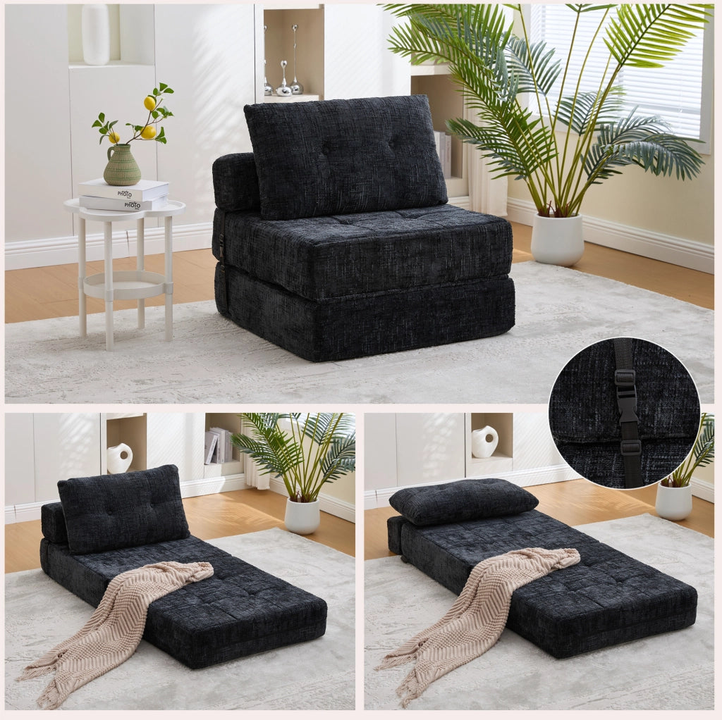 Divano letto pieghevole nero 79x79x57 cm con cuscini, chenille e schiuma ad alta densità