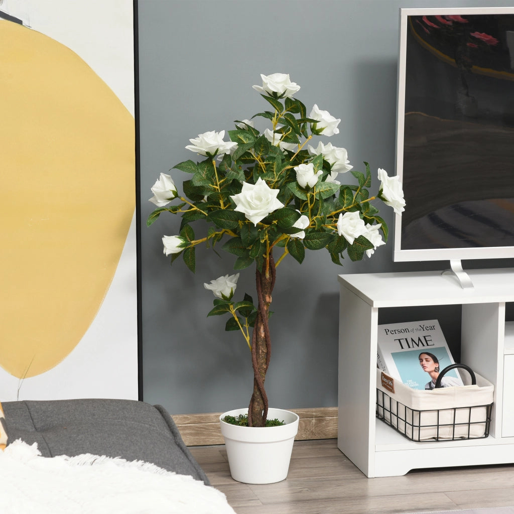 EasyComfort Pianta Finta di Rosa da 21 Fiori con Vaso Riempito in Cemento e Muschio, Pianta Artificiale in Plastica e Tessuto, Ø18x90 cm, Bianco e Verde