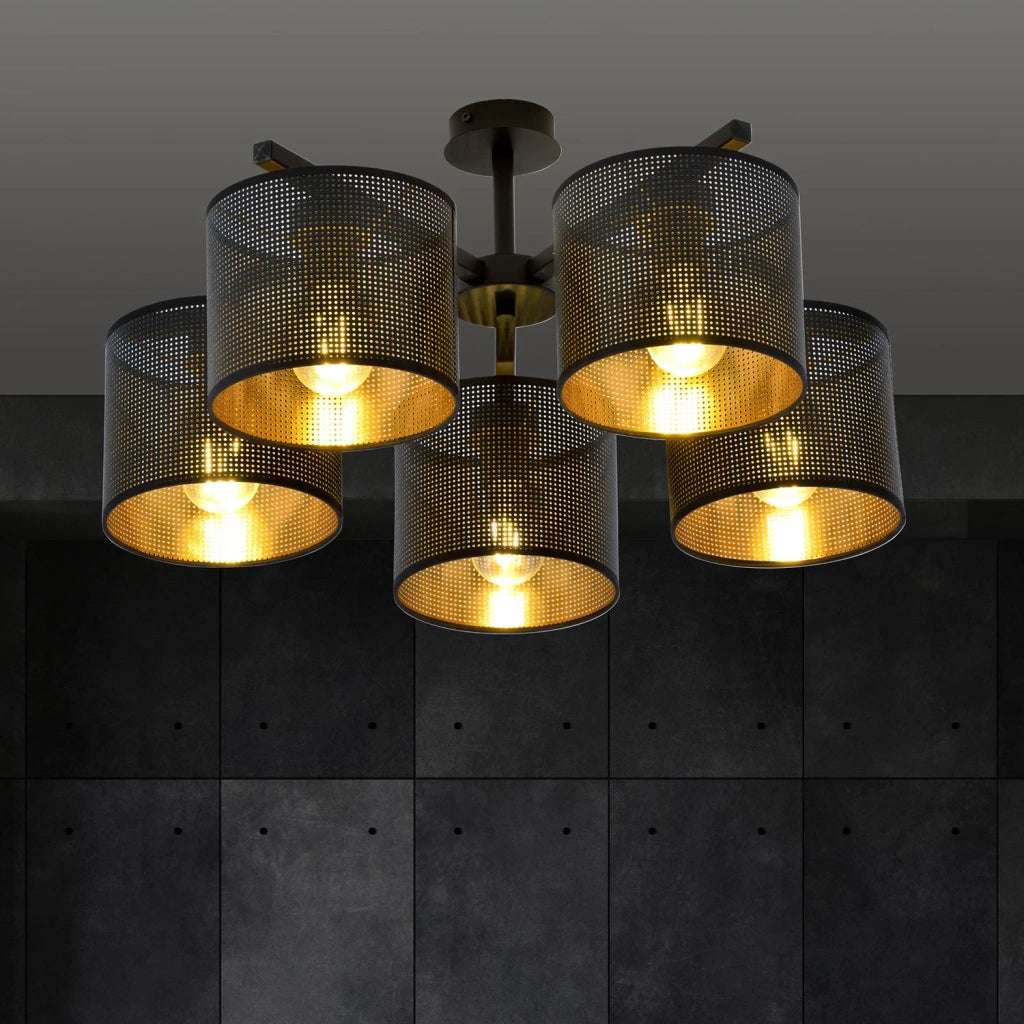 Plafoniera Industrial 5 Luci Cigno In Acciaio Nero E Paralumi A Cilindro Oro
