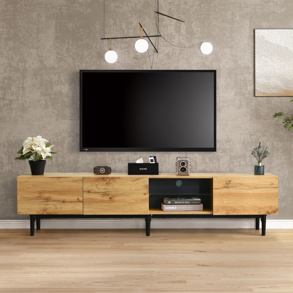 Mobile TV 175x31x41 cm; LED regolabile via app e tre ante; MDF; colore naturale